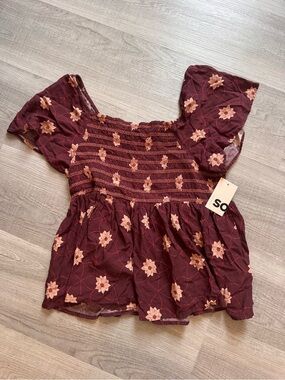 Kohl's Burgundy Floral Smocked Peplum Blouse with Puff Sleeves